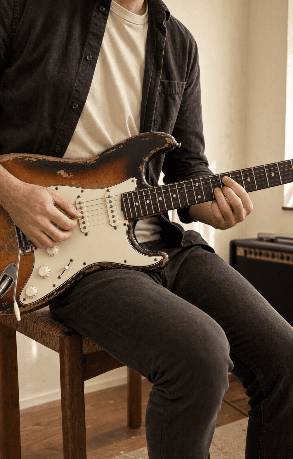 A guitarist practising on a well-used sunburst electric guitar